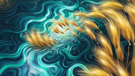 golden wheat amidst swirling abstract turquoise patterns