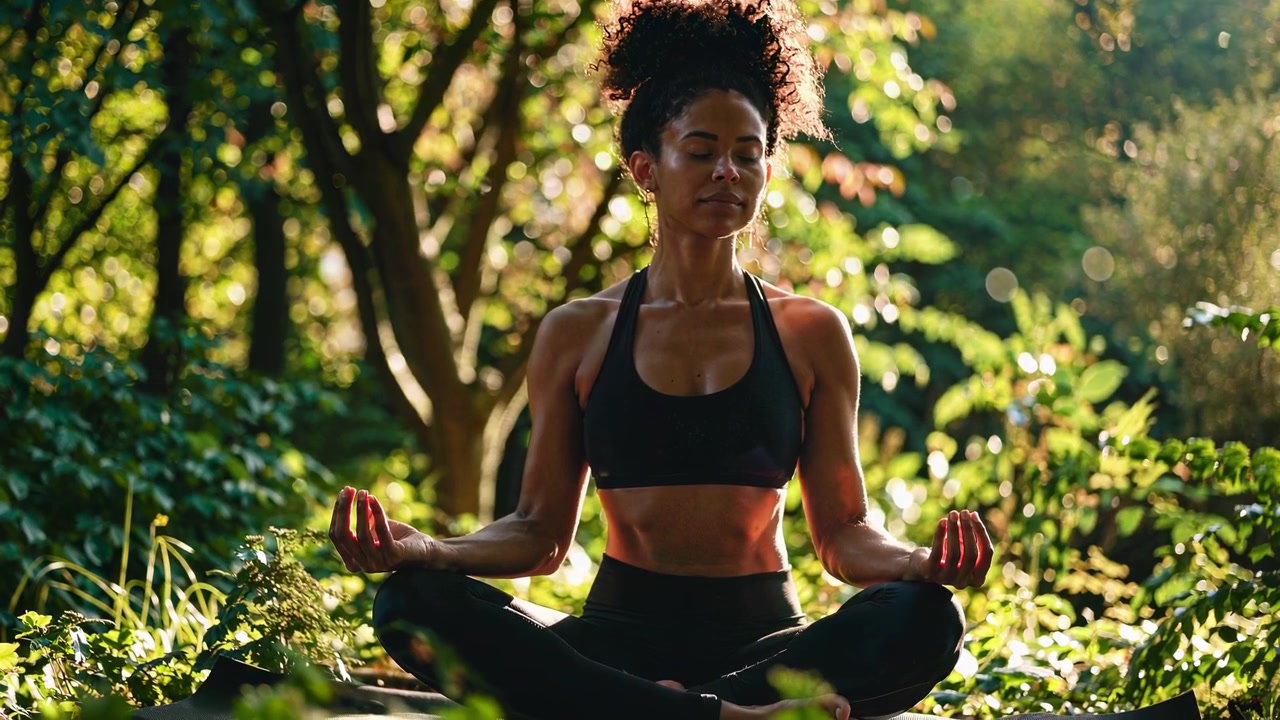Young Woman Practicing Yoga Meditation in a Lush Forest