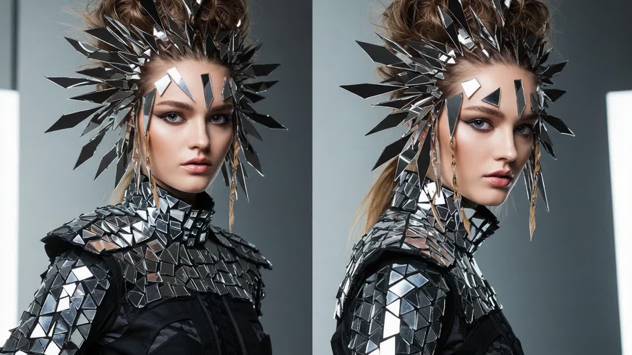 Captivating Fashion Statement: A Model Showcasing an Intricate Mirror-Embellished Outfit with Dramatic Hairstyle and Striking Headpiece in a Studio Setting