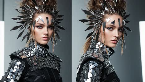 captivating fashion statement: a model showcasing an intricate mirror-embellished outfit with dramatic hairstyle and striking headpiece in a studio setting