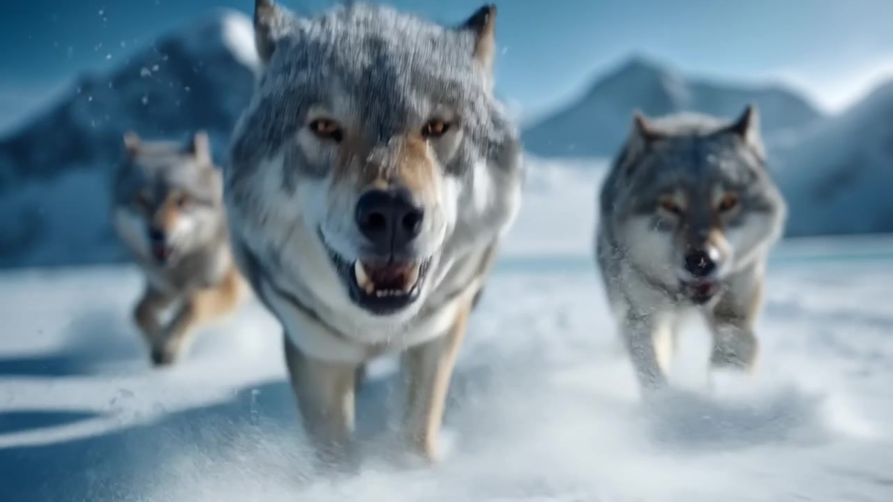 Three wild grey wolves running through deep snow in a cold winter landscape