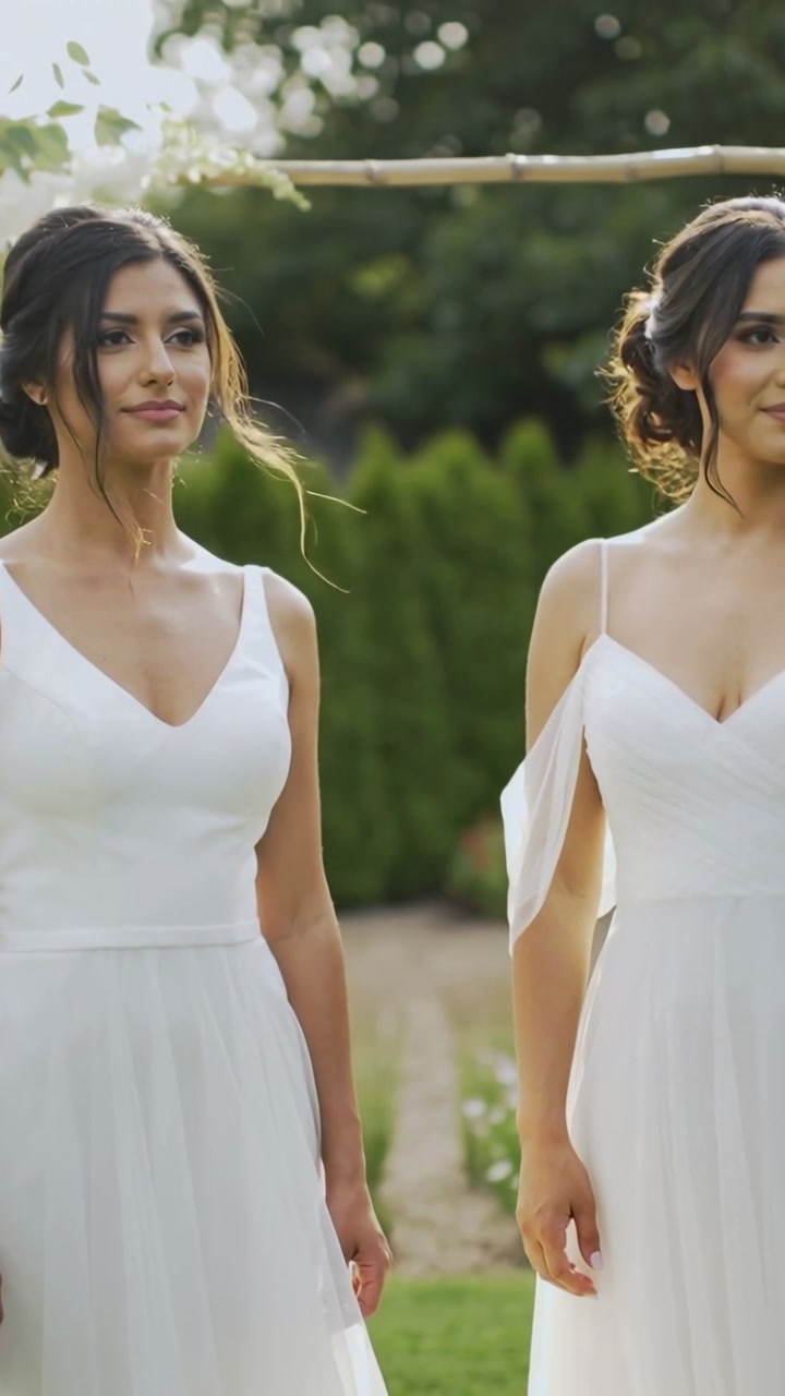Vertical video: Standing two women in white gowns at yard wedding at wood arch, breeze lifting hair