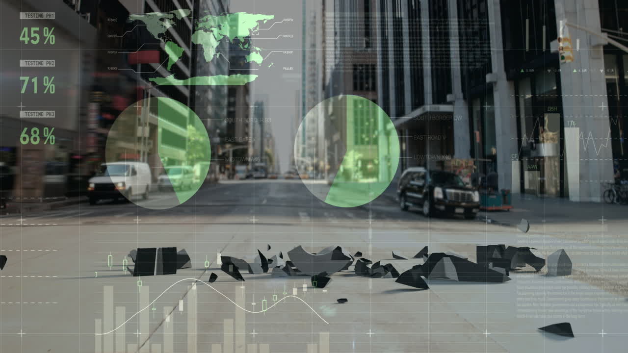 도시 거리에서 떨어지고 부러지는 달러 기호에 대한 통계 데이터 처리