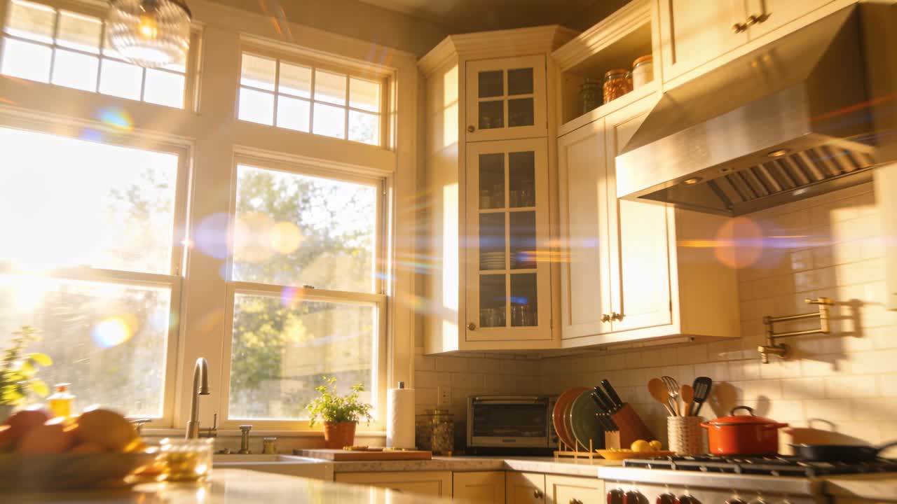 Luce solare che si muove sul bancone della cucina e sulla finestra mentre l'angolo del sole cambia, sopra una ciotola di agrumi.