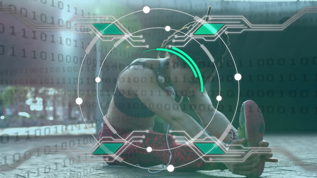 스트레칭 운동을 하는 여성에 대한 데이터 처리와 디지털 인터페이스