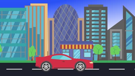 car driving rides around city side view, loop animation, flat design background