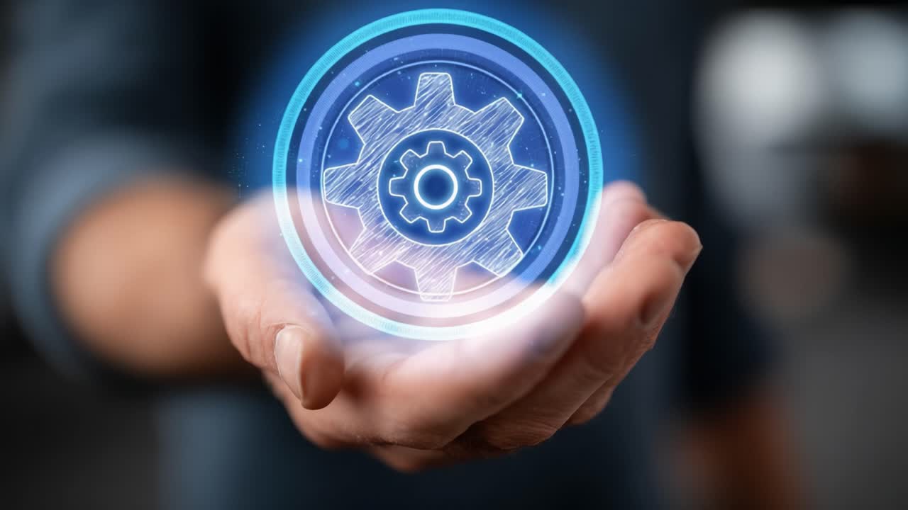 Innovative Technology Demonstration: A Hand Holding a Glowing Gear Symbolizing Progress and Efficiency, Representing the Future of Automation and Mechanical Solutions