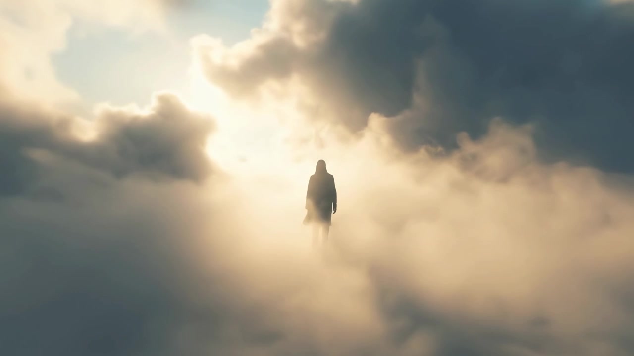 Silhouette di una persona che cammina sopra le nuvole verso una luce brillante