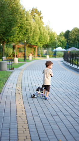 little toddler takes his scooter to the paves alley. kid leaves his scooter distracted on something. vertical video.