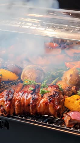 grilling a variety of meats and vegetables on a smokey barbecue grill