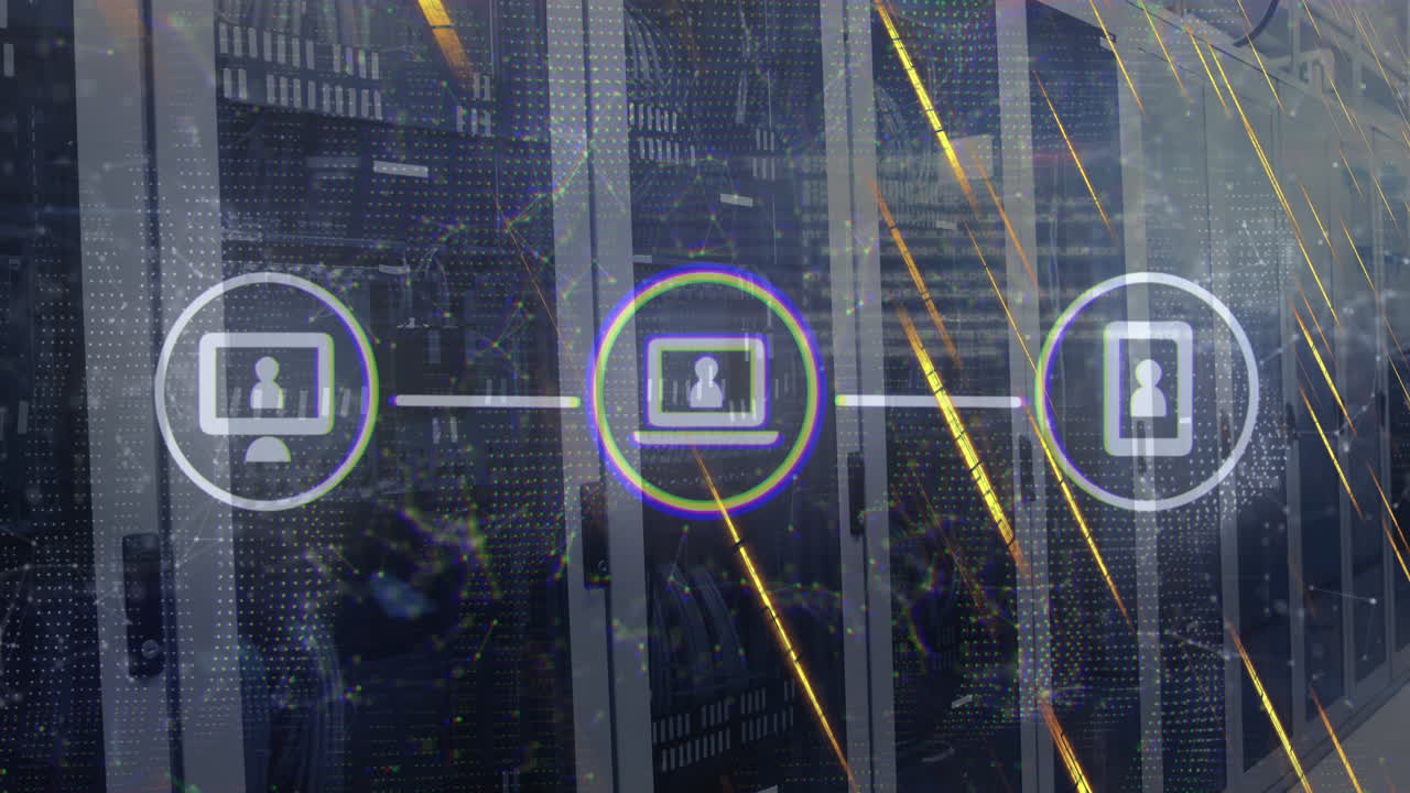 Animation of icons connected with lines over falling abstract patterns against server racks