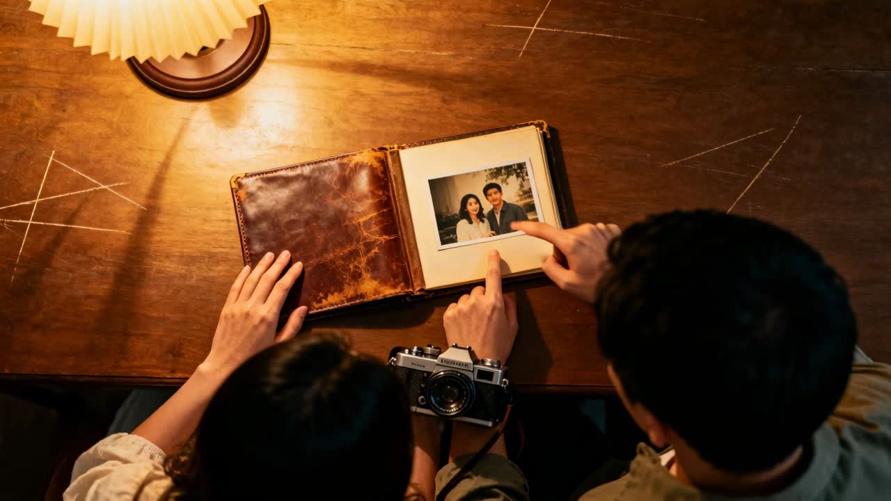 Muž vpravo si všimne zarámovaného Polaroidu, ukazuje a objíždí prstem tváře na albu doma, vzpomíná s fotoaparátem