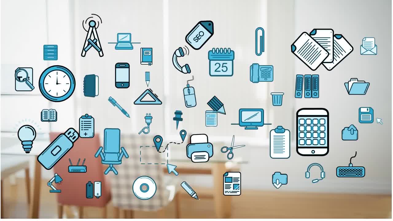 animación de iconos de negocios y oficinas sobre la oficina