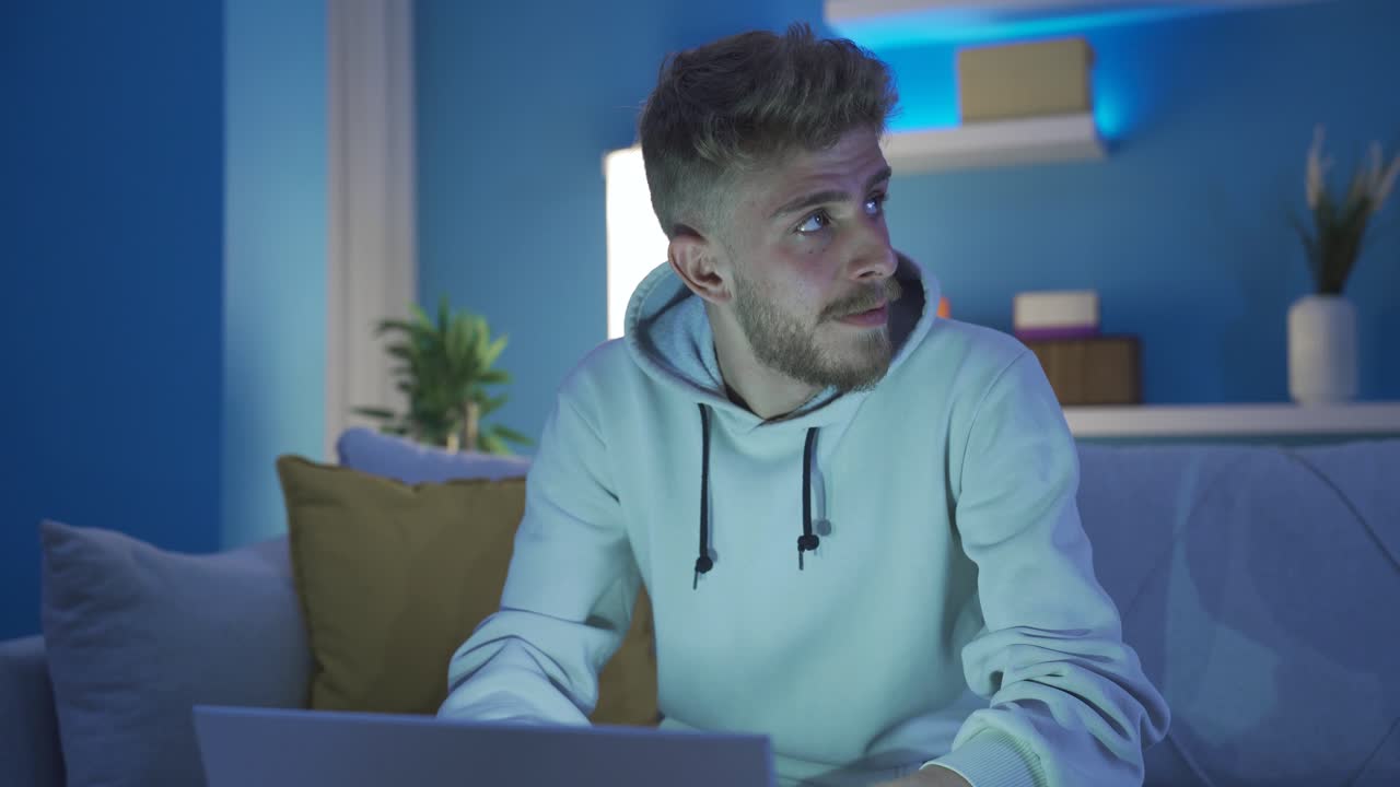 Young man with dark phobia is afraid at home alone.
