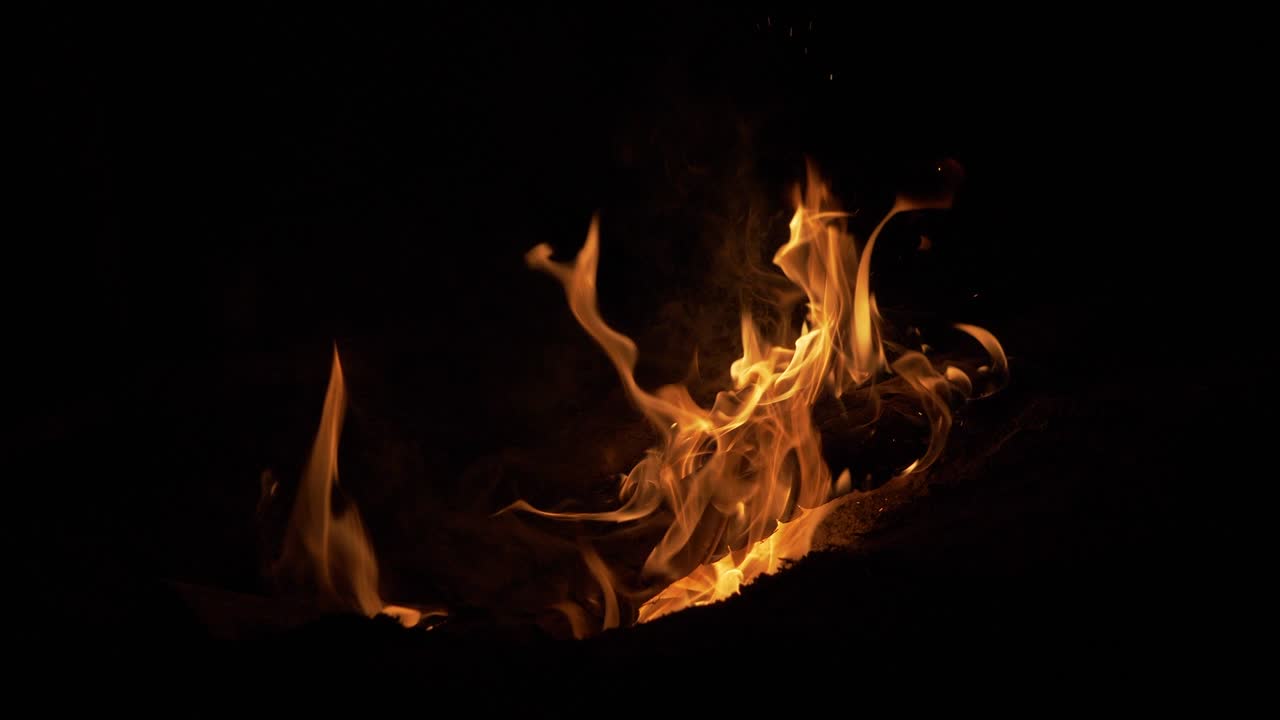 la noche una fogata brillante arde en el bosque. 4k