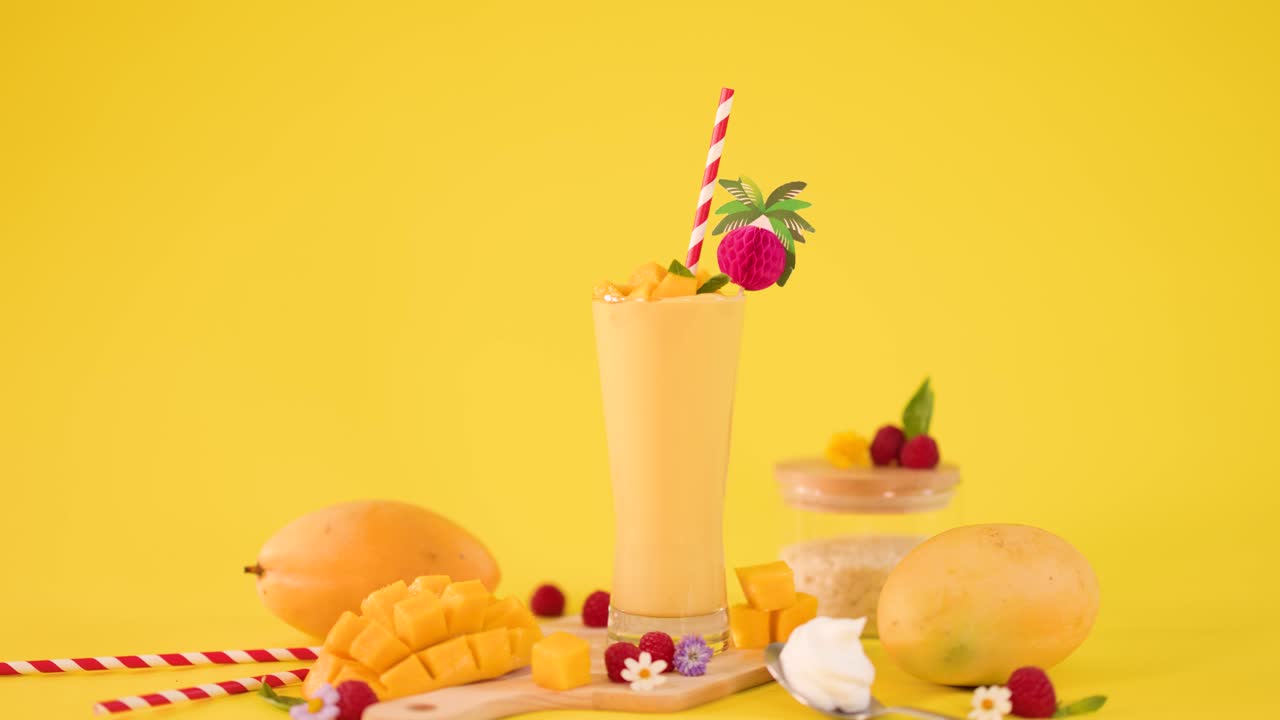 Tall mango smoothie amid fresh tropical fruit on bright yellow background, with subtle camera movement