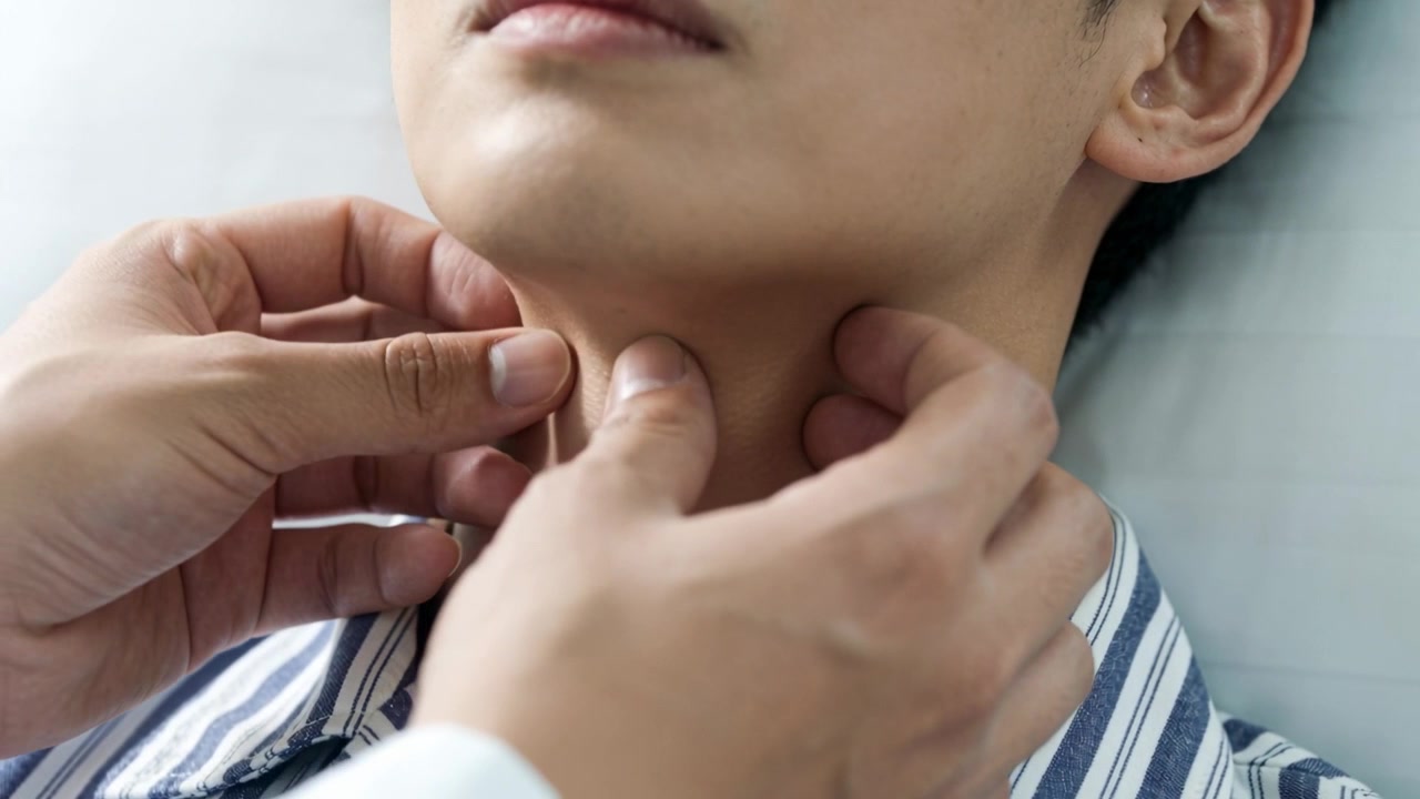 Un medico, con la manica bianca, palpa il collo di un uomo sdraiato sul letto, con le dita posizionate lungo la mascella, alla ricerca di noduli.
