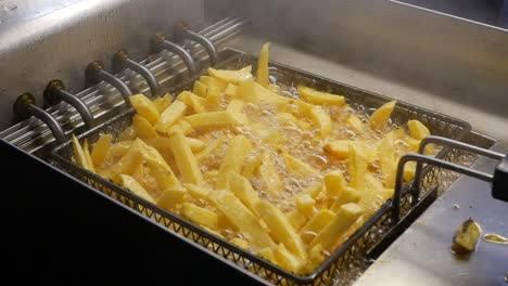 french fries being fried in a commercial deep fryer