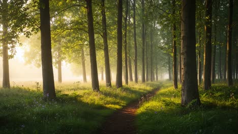 a serene pathway through a lush green forest at dawn, bathed in soft morning light and surrounded by tall trees and vibrant flora