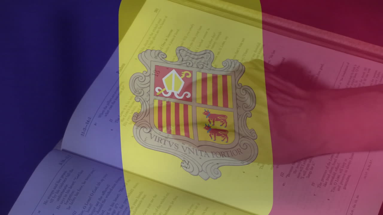Animation of Andorra flag with coat of arms overlaying open book in school