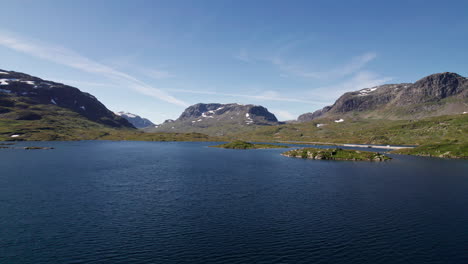 Aerial-view-pushing-in-over-small-islands-in-a-Fjord-in-Norway