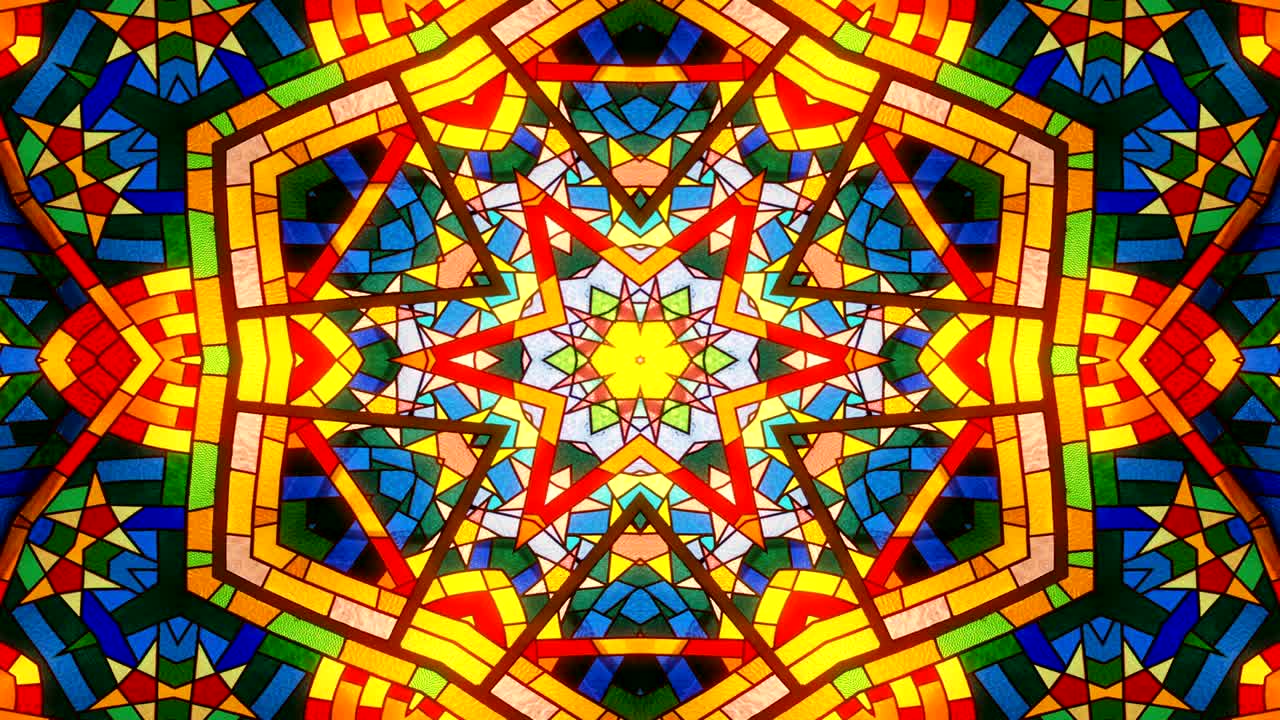 Abstract Colorful Shiny and Hypnotic   Concept Symmetric Pattern Ornamental Decorative Kaleidoscope Movement Geometric Circle and Star Shapes