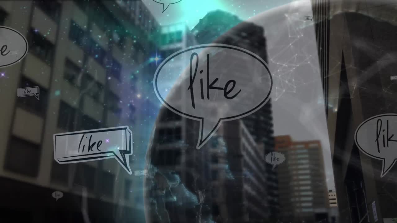 도시 풍경 위에 빛나는 연결 네트워크와 같은 알림과 글로브의 애니메이션