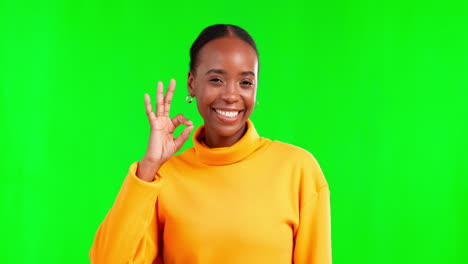 black woman, okay sign and smile portrait on green