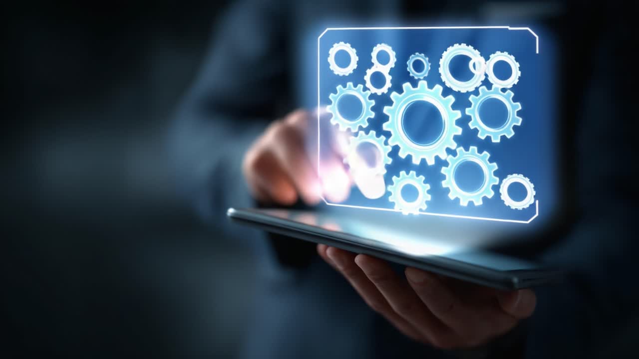 Modern Business Professional Utilizing Digital Tablet to Visualize Gear Mechanisms, Representing Innovation and Efficiency in Workflow Management and Technological Advancements