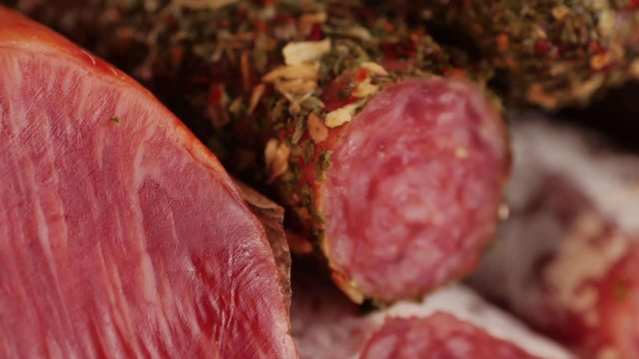 Mix of spanish pork sausages, Cutting board of appetizing catalonian snack - fuet, jamon, chorizo, olives, supermarket tapas food in spain, traditional cuisine.