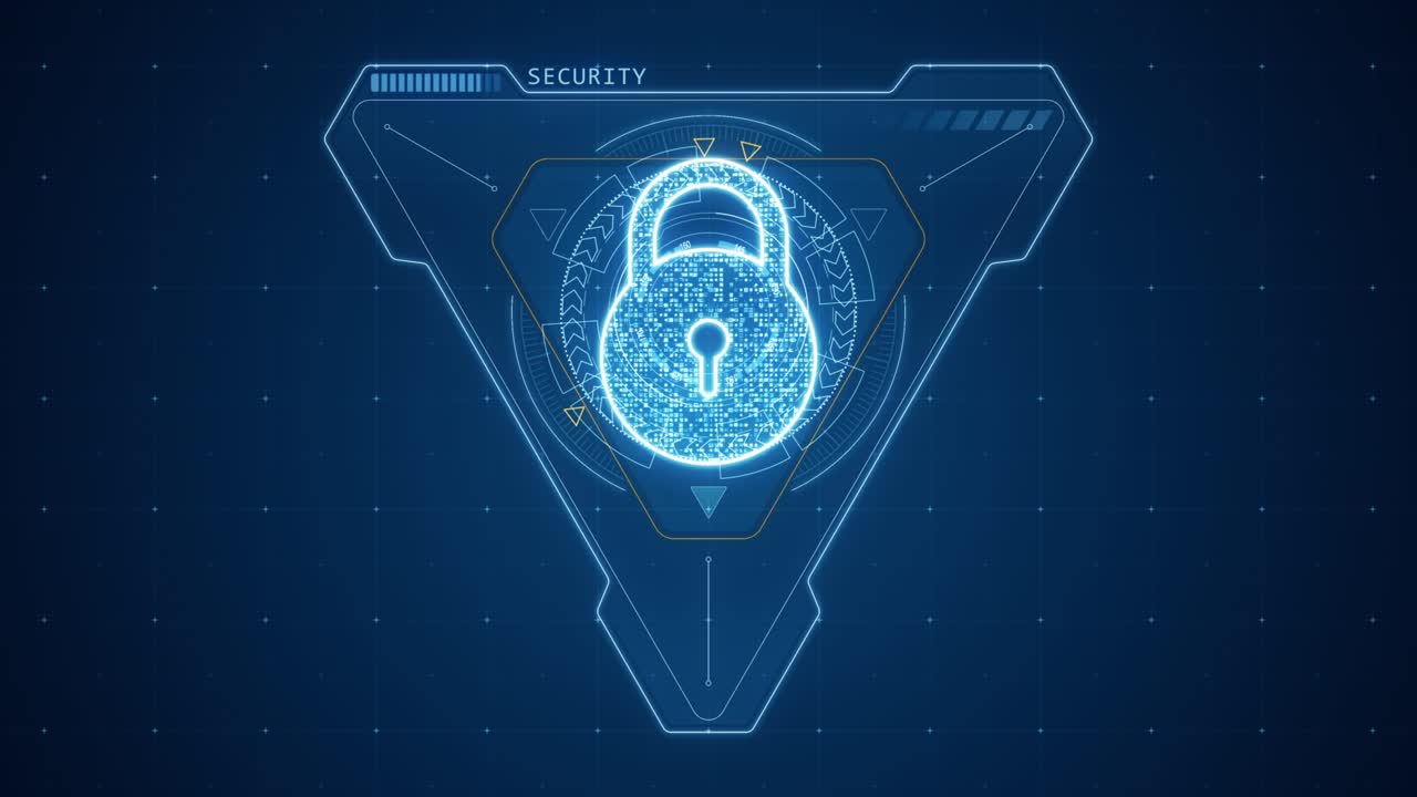 gráfico de movimiento de la llave de seguridad azul con rotación de triángulo y círculo con pantalla de cabeza hacia arriba ( hud ui ) interfaz tecnológica y elementos futuristas fondo abstracto