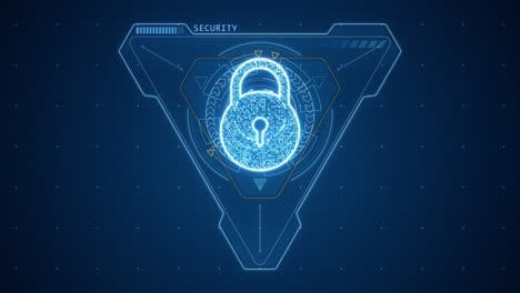 motion graphic of blue security key with triangle and circle rotation with head up display ( hud ui ) technology interface and futuristic elements abstract background
