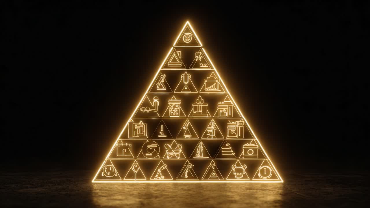 Luminous golden pyramid structure illuminating a dark, reflective surface, showcasing an array of mysterious and eclectic glowing icons organized in triangular compartments within its frame