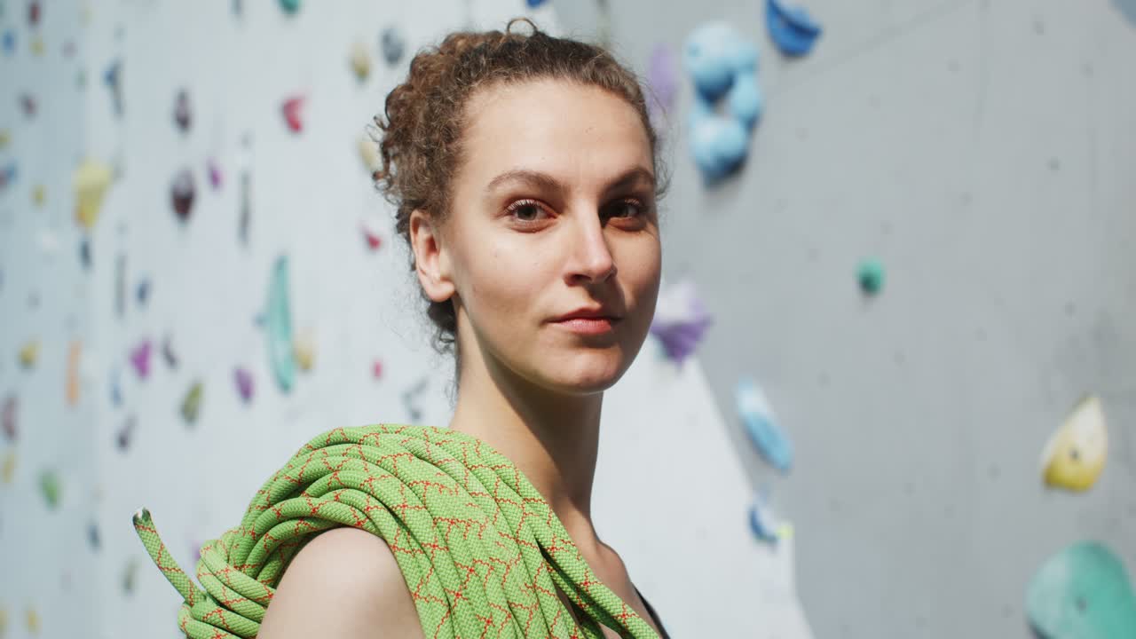 mujer escaladora en un gimnasio de escalada cubierto