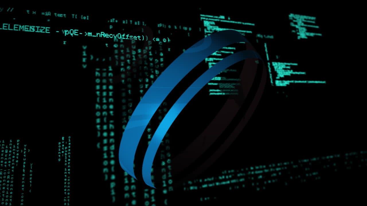 Animation of sphere with blue circles spinning against data processing on digital interface