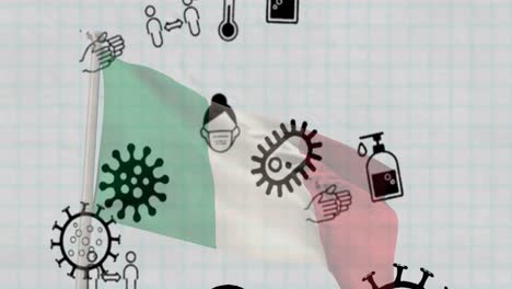 Animation-of-covid-19-virus-cells-and-digital-icons-over-flag-of-italy