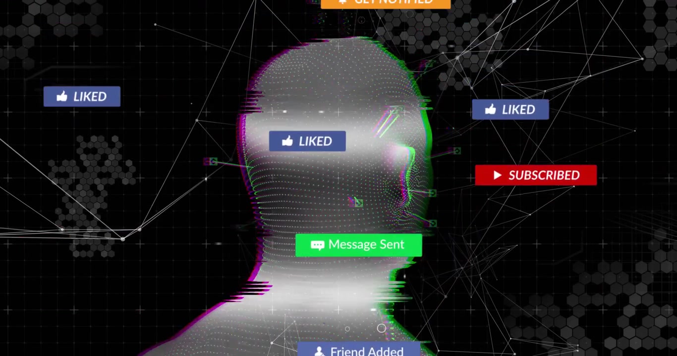 Opening wireframe head rotating with glitch bars and pop-ups illustrating social notifications