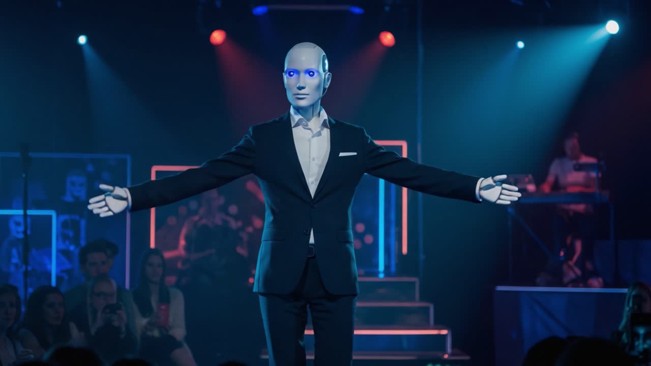 En fengslende fremvisning av AI i aksjon: En slående robotfigur inntar elegant scenen, og forener teknologi med underholdning i en blendende forestilling.