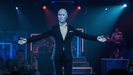 a captivating showcase of ai in performance: a striking robotic figure elegantly takes the stage, merging technology with entertainment in a dazzling display