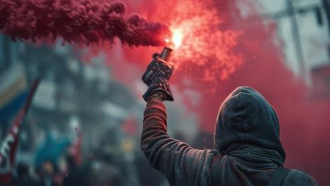 protestor raising red flare in urban demonstration