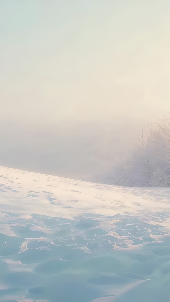 Vertical video: Panning camera revealing snowy slope with rippled patterns and frosted shrubs