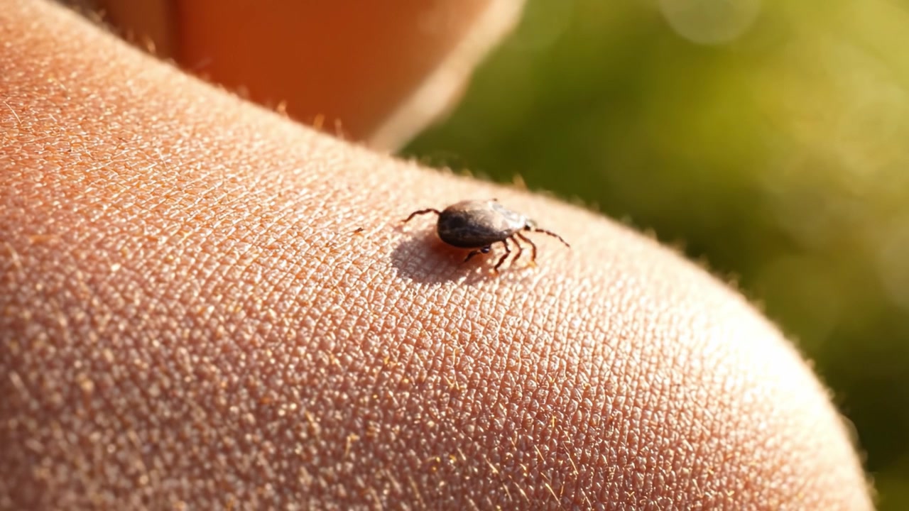 Primer plano de una garrapata en la piel humana: Examinando el comportamiento y hábitat del insecto en un entorno natural durante un día soleado.