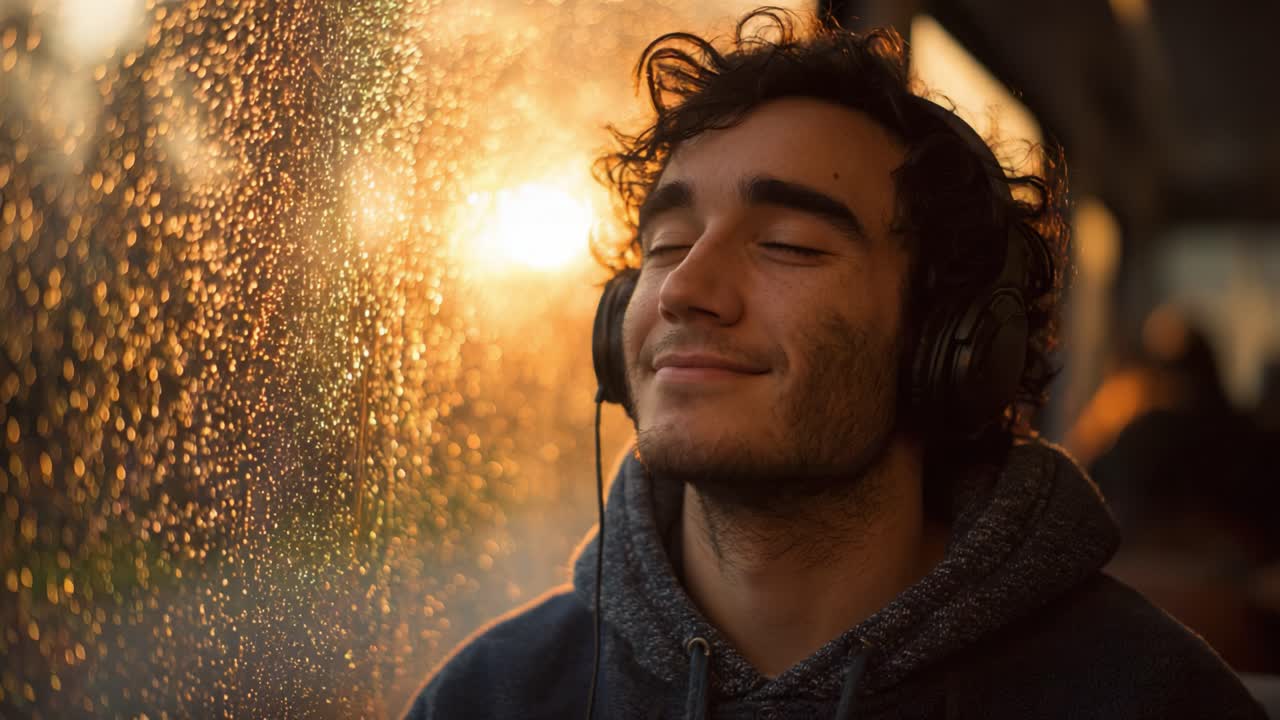 Un joven disfrutando de la música mientras mira por una ventana lluviosa, disfrutando de un momento de paz y reflexión con una luz suave iluminando su rostro satisfecho.