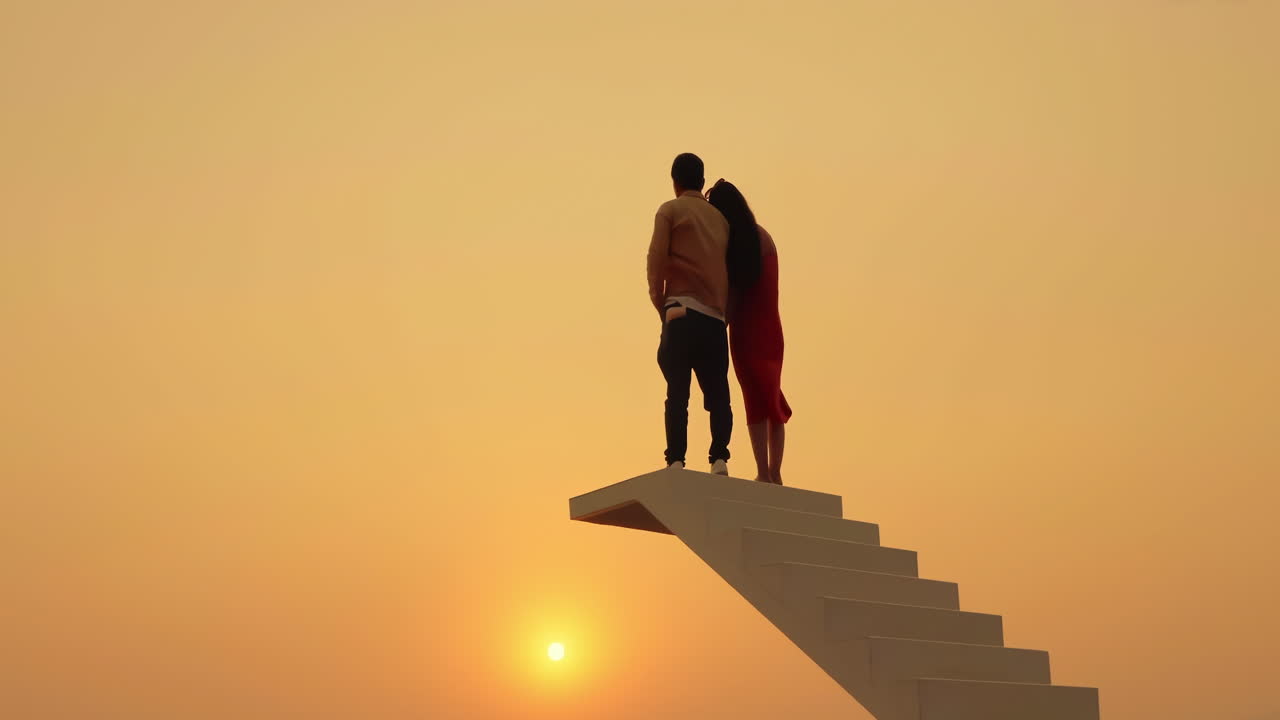 Couple watching sunset on stairs