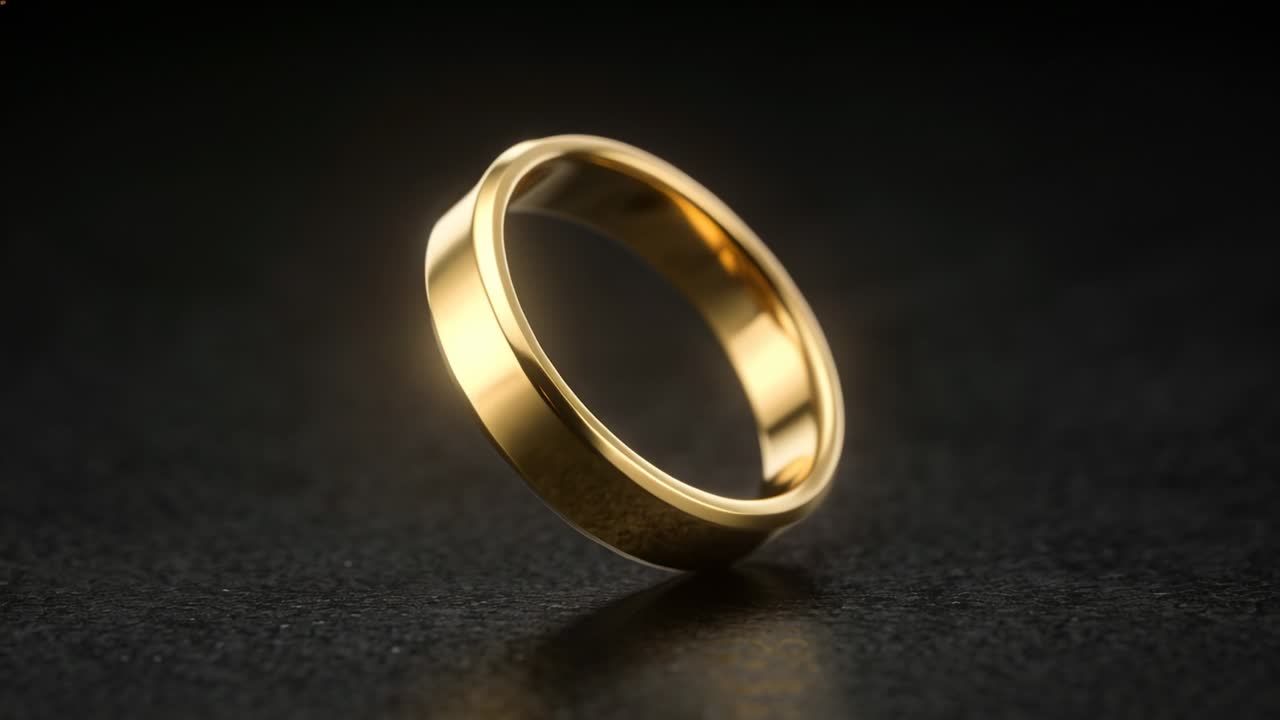 Anello d'oro lucidato dopo essere stato inclinato, capovolto e ruotato su un tavolo, con riflessi che mettono in risalto il gioiello.