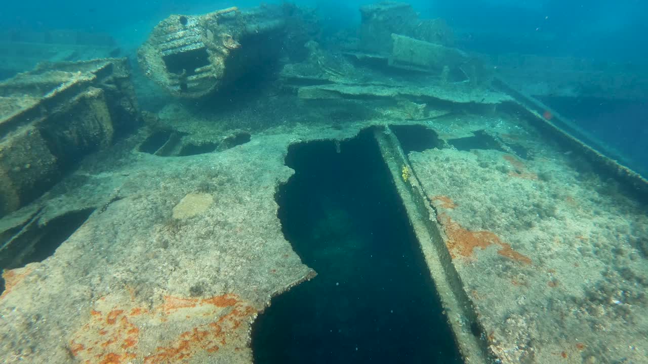 Sunken ship Michelle.  rusty metal wreck  in Dugi Otok, Croatia. Shipwreck concept