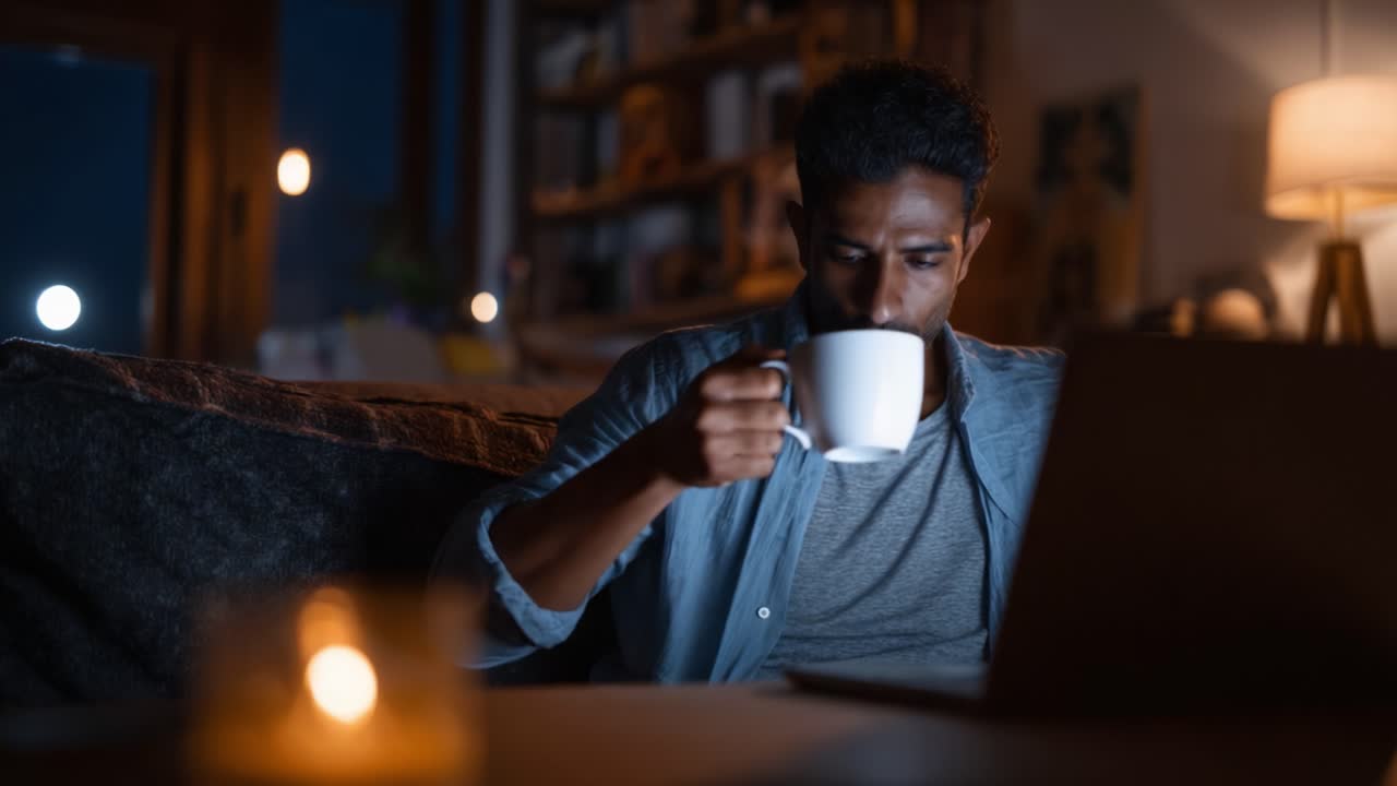 A focused individual engaged in late-night work, sipping coffee while using a laptop in a cozy, dimly-lit environment that encourages concentration and productivity