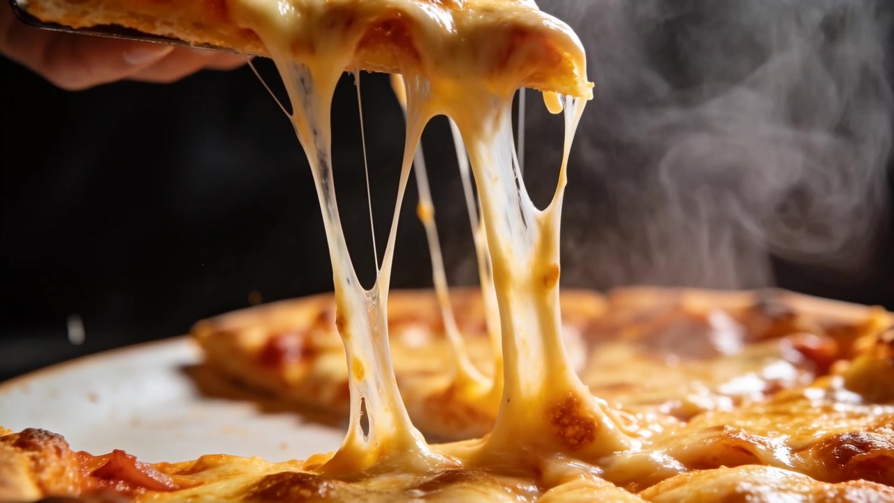 Una mano adulta che solleva una fetta di pizza calda al formaggio da una pietra rotonda, mostrando il formaggio filante.