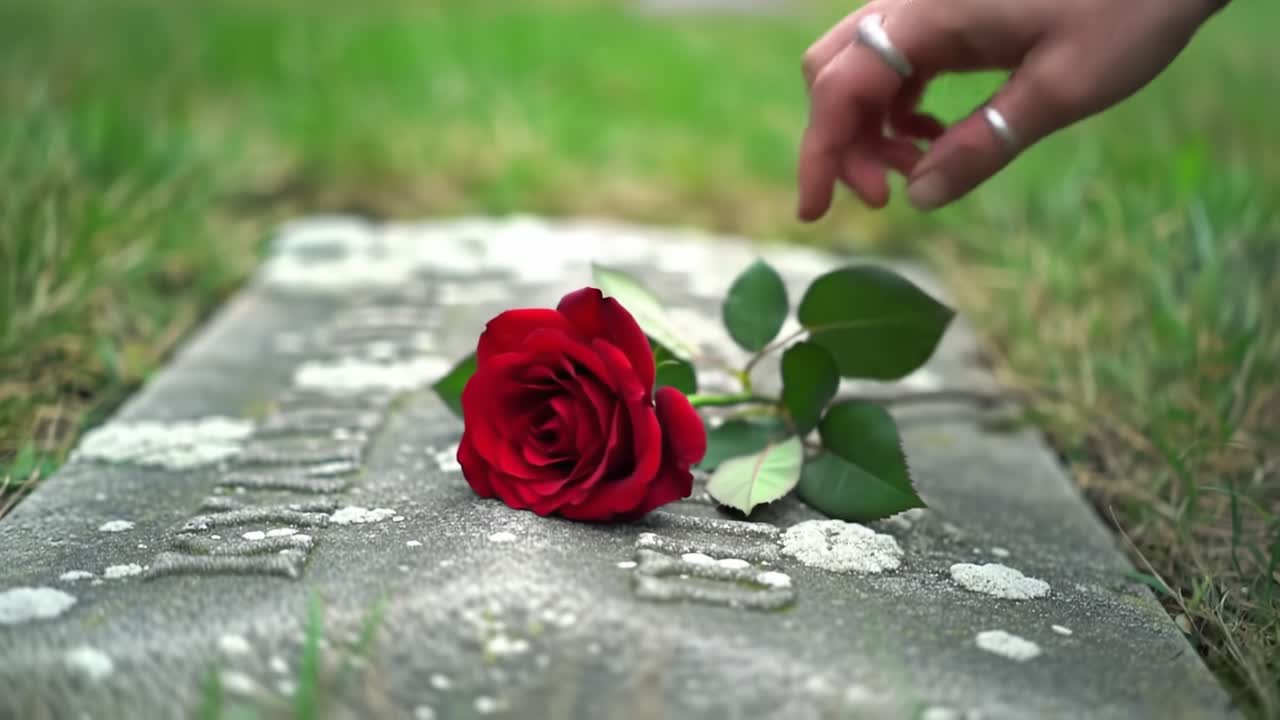 A person gently places a red rose on a gravestone in a peaceful cemetery. The ambient greenery and soft light create a tranquil atmosphere while honoring cherished memories.