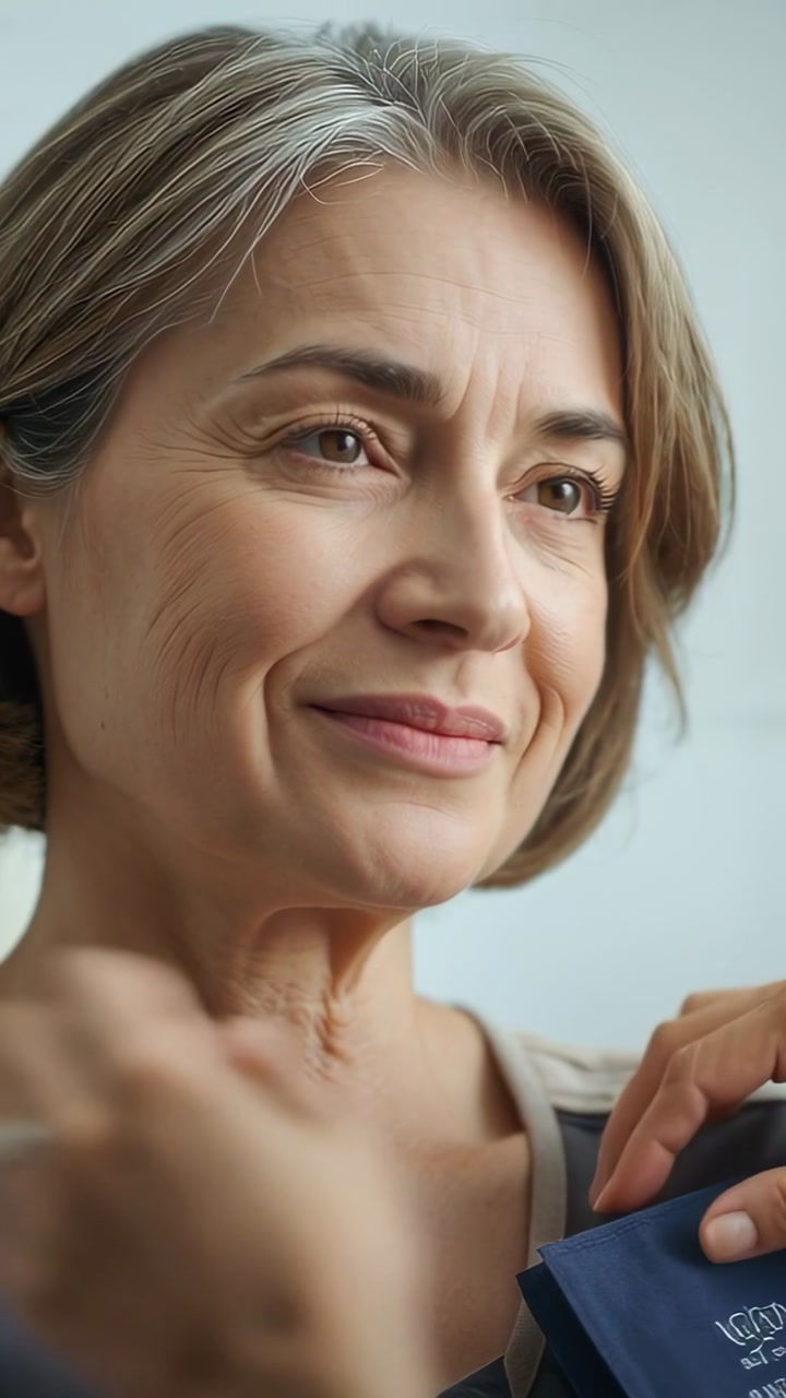 Speaking senior woman opening eyes replying at home, helper hands adjusting blue strap, thin straps